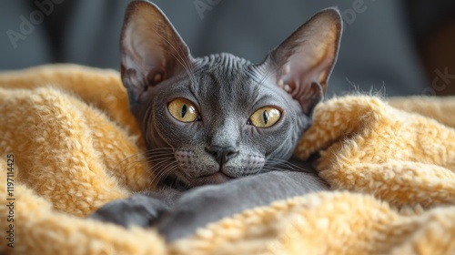 Sphynx cat lounging comfortably in cozy yellow blanket during afternoon light photo