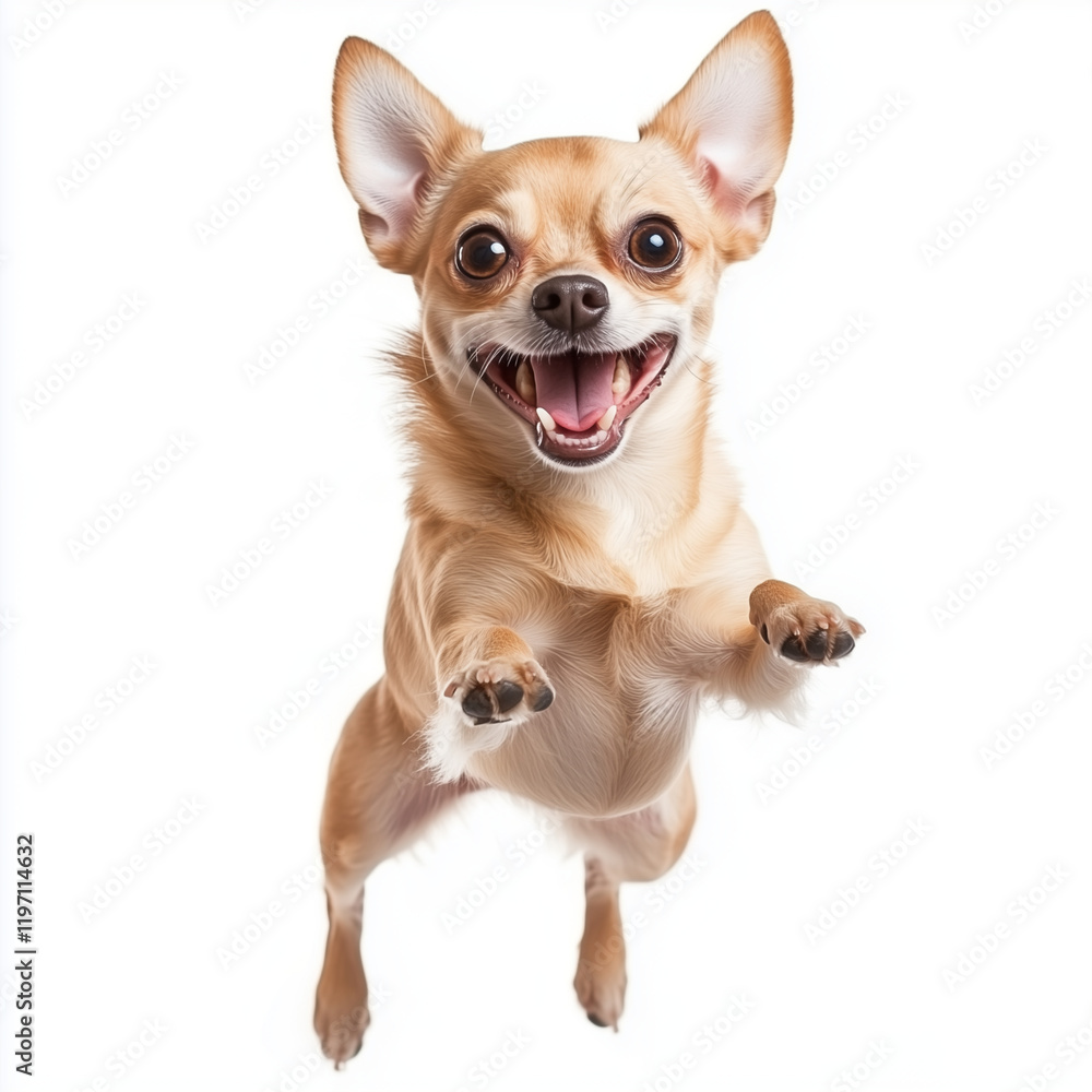 Happy chihuahua jumping with big joyful grin on white background Happy chihuahua jumping with big joyful grin on white background