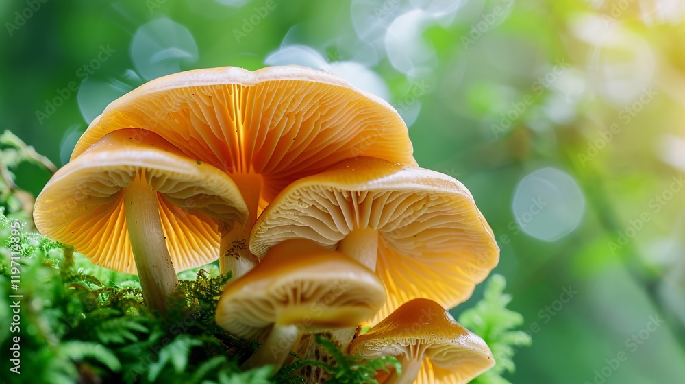 Three mushrooms are on a green leaf Three mushrooms are on a green leaf