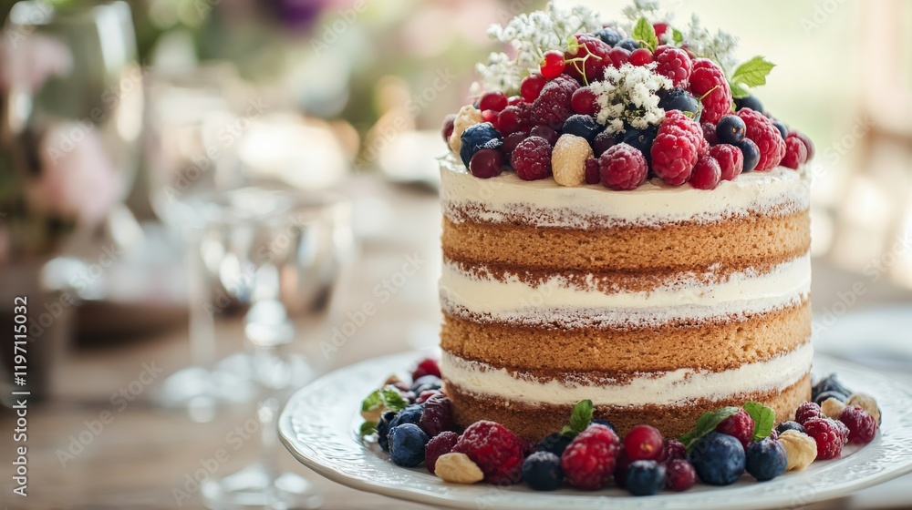 custom made wallpaper toronto digitalA beautifully presented layered cake, garnished with fresh berries and nuts, placed on a white plate. The cake is set on a rustic wooden table, accompanied by elegant glasses, creating a cozy Cake
