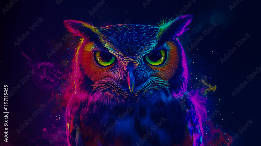 Vibrant Owl Illuminated with Colorful Lights on a Dark Background. Vibrant Owl Illuminated with Colorful Lights on a Dark Background.