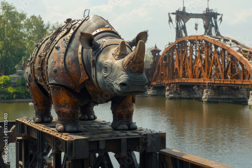 explore outdoor steampunk rhino sculpture art installation by riverbank with bridge and water background highlighting mechanical rusted metalwork features photo