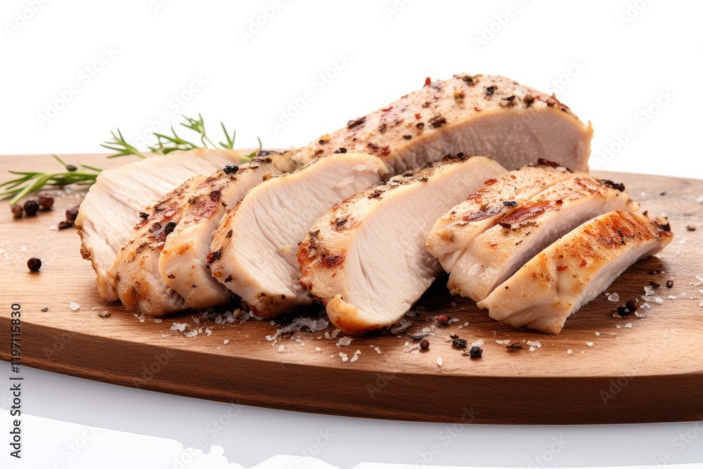 Grilled chicken breast with pepper and salt on white Grilled chicken breast with pepper and salt on white