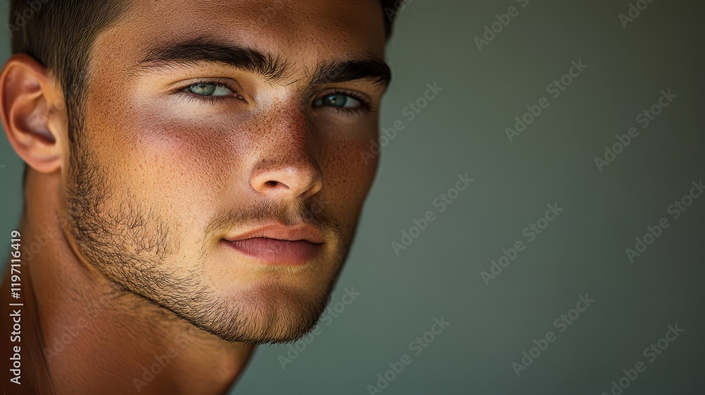 Man with clean-shaven face and striking blue eyes poses for a close-up portrait against a neutral background, capturing the essence of youth and confidence Man with clean-shaven face and striking blue eyes poses for a close-up portrait against a neutral background, capturing the essence of youth and confidence