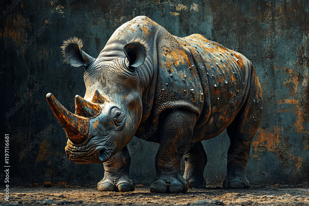Fototapeta premium metallic textured rhino art: abstract 3d steampunk digital rendering of rusty industrial rhinoceros against dark background