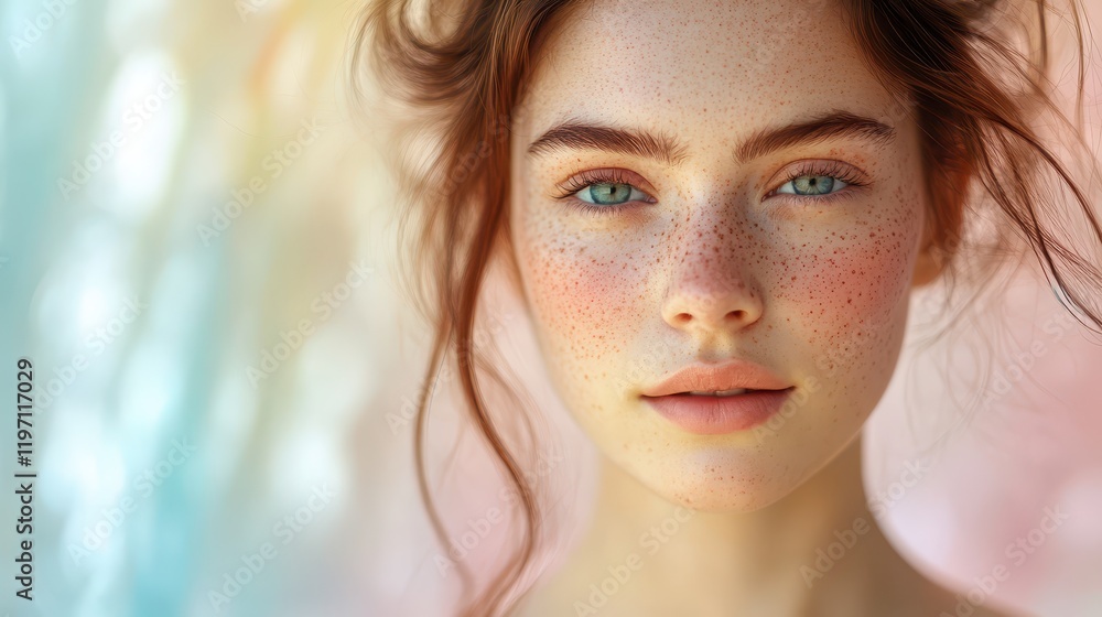 Young woman with freckles and minimal makeup gazes confidently at the camera in a soft, colorful backdrop, showcasing natural beauty and calm expression Young woman with freckles and minimal makeup gazes confidently at the camera in a soft, colorful backdrop, showcasing natural beauty and calm expression