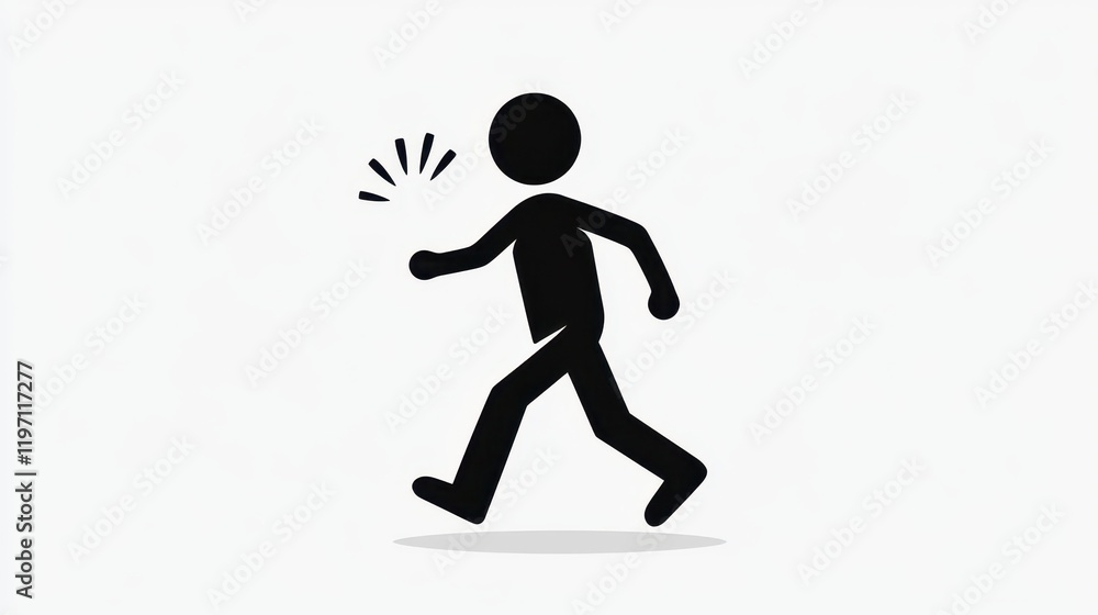 Fototapeta premium Black and white icon depicting a stick figure running away in alarm from a shocking trespasser with an expressive shock gesture, conveying urgency and fear