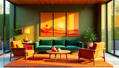 Mid-century modern living room bathed in warm sunlight.  Green sofa  orange armchairs  and a striking sunset artwork create a vibrant  inviting space.