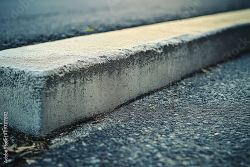 The sunlight casts shadows on a rough concrete curb adjacent to a smooth asphalt road, highlighting the textures and colors of urban infrastructure in the late afternoon photo