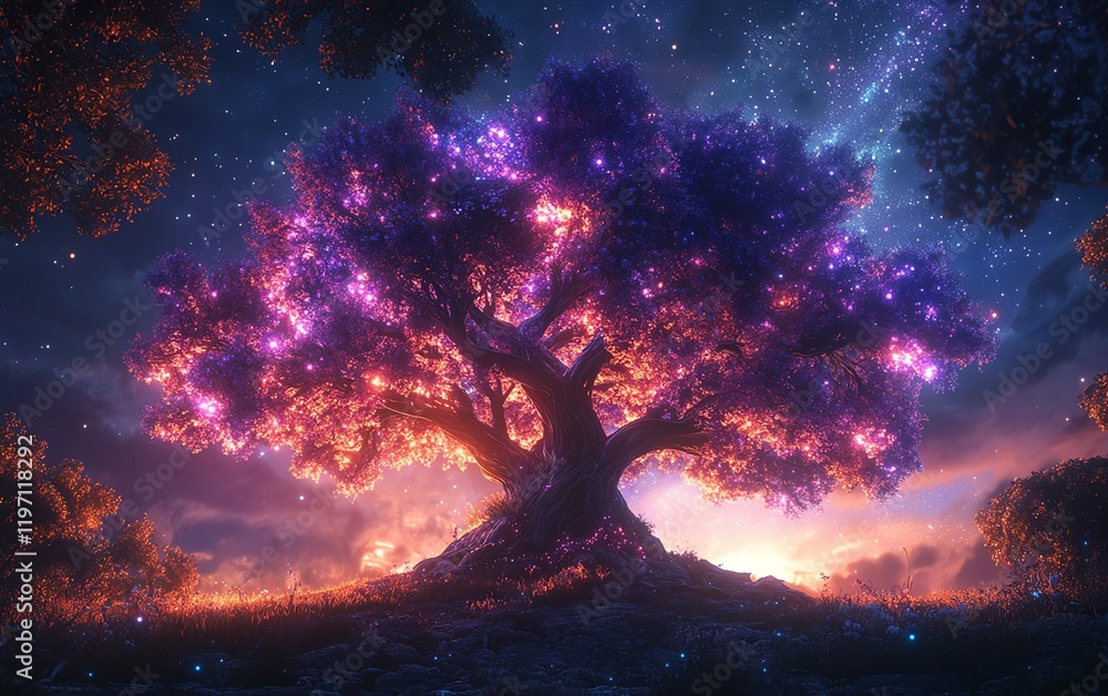 Obraz premium A majestic tree with radiant, glowing branches under a sparkling starry sky, vibrant colors, highdefinition details, ethereal atmosphere, hyperrealistic textures