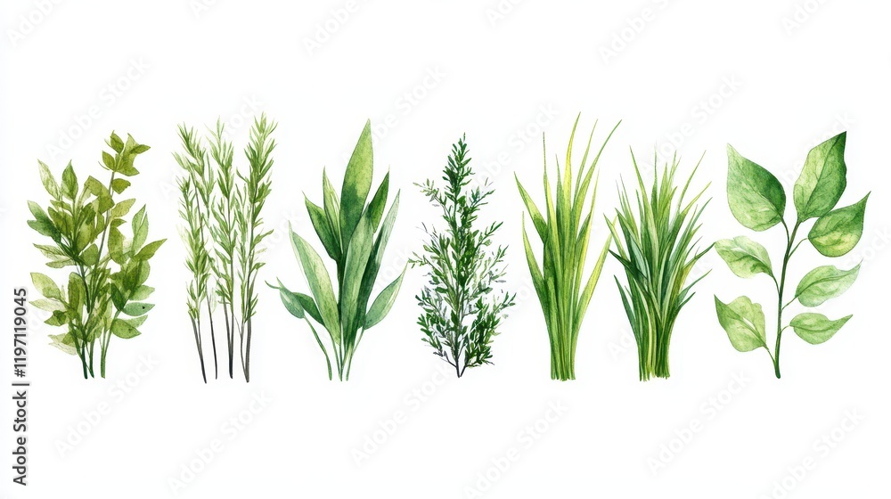 Fototapeta premium Discover the stunning beauty of Scandinavian flora, where delicate grasses and lush leaf elements come together to enrich nature's vibrant green color palette