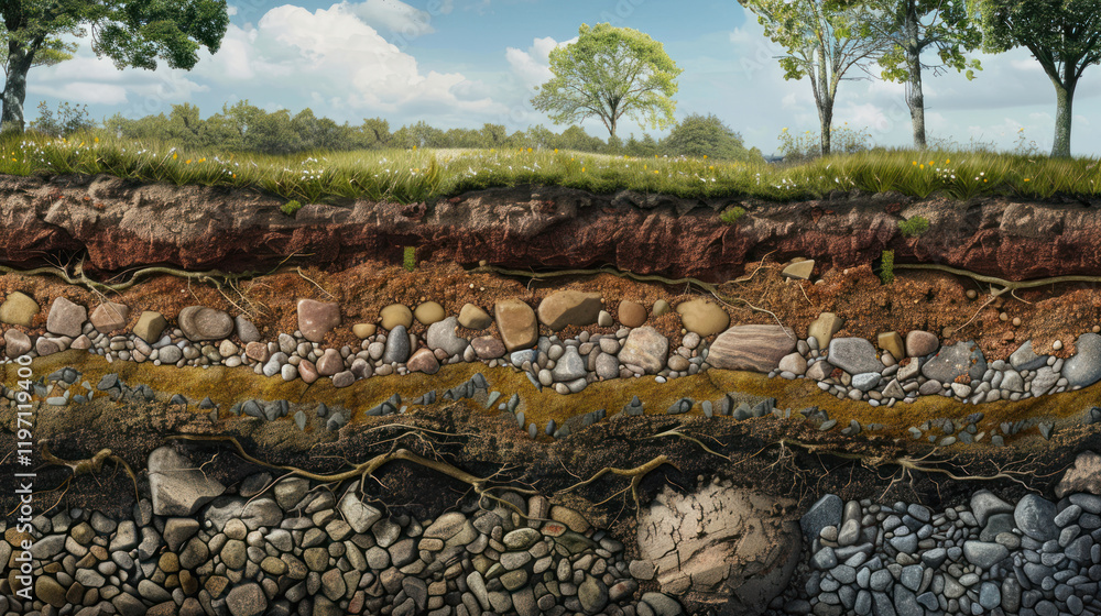 a schematic cross-sectional view of the various layers of soil and rock.