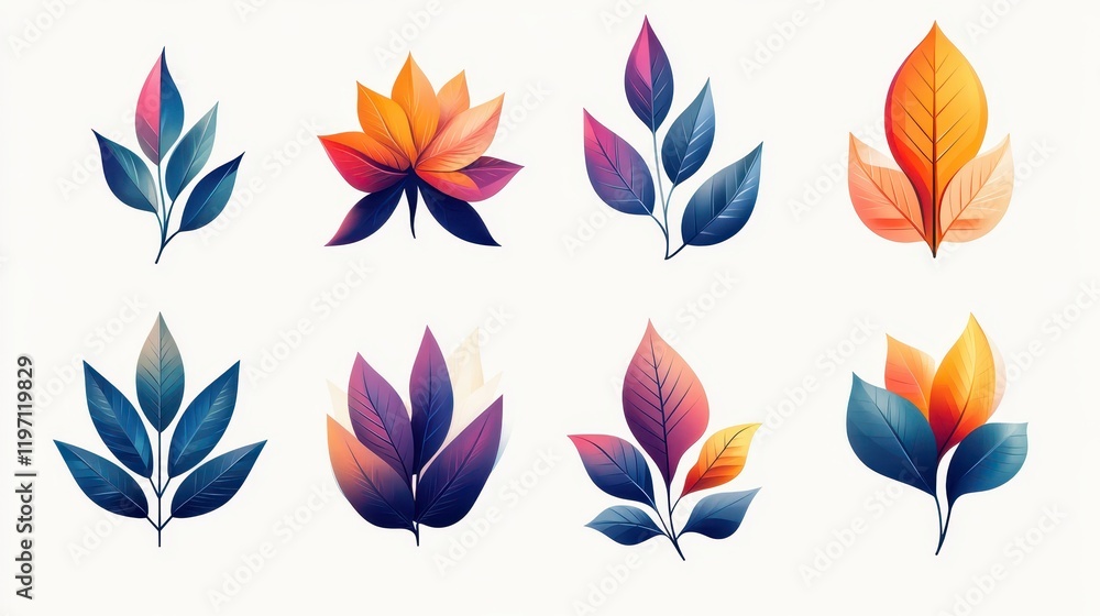 Graphic elements designed for enhancing a logo with unique leaf shapes and vibrant colors, ideal for creative projects in branding and design Graphic elements designed for enhancing a logo with unique leaf shapes and vibrant colors, ideal for creative projects in branding and design