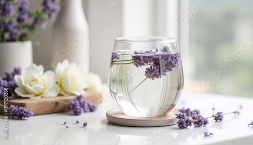 Water Infused with Lavender in a Glass on a Wooden Stand on a White Glossy Table. Detox drink. photo