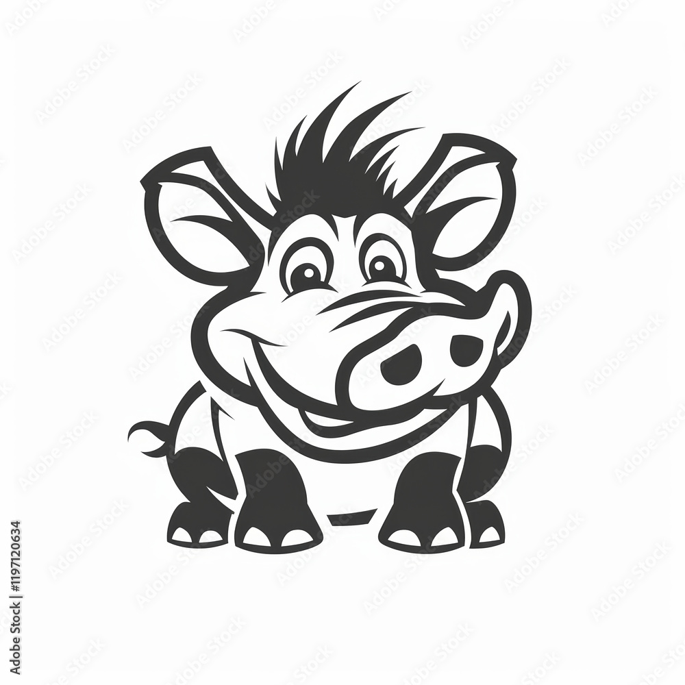 Fototapeta premium Cute Flat Vector Logo of a Playful Warthog in Black and White
