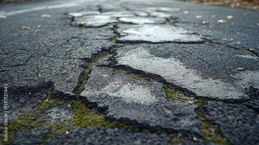 A close view of a deteriorated asphalt road showing visible cracks filled with water and moss. This urban surface reflects years of neglect in a shaded environment A close view of a deteriorated asphalt road showing visible cracks filled with water and moss. This urban surface reflects years of neglect in a shaded environment