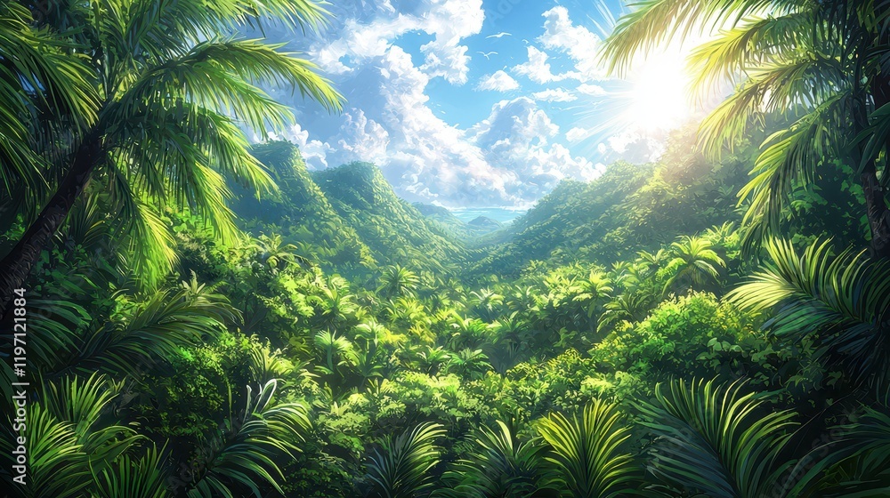 Lush tropical landscape under a bright sun with vibrant greenery and dramatic clouds creating a sense of tranquility and adventure Lush tropical landscape under a bright sun with vibrant greenery and dramatic clouds creating a sense of tranquility and adventure
