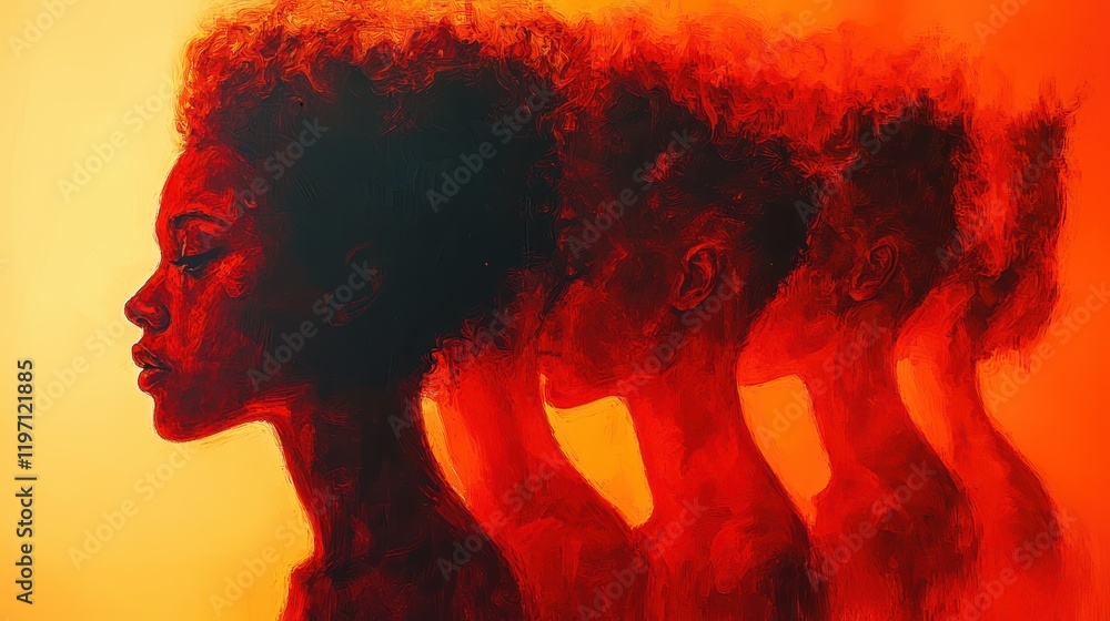 Artistic representation of emotional depth with layered profiles against a vibrant orange background showcasing movement and personal identity through abstract forms Artistic representation of emotional depth with layered profiles against a vibrant orange background showcasing movement and personal identity through abstract forms
