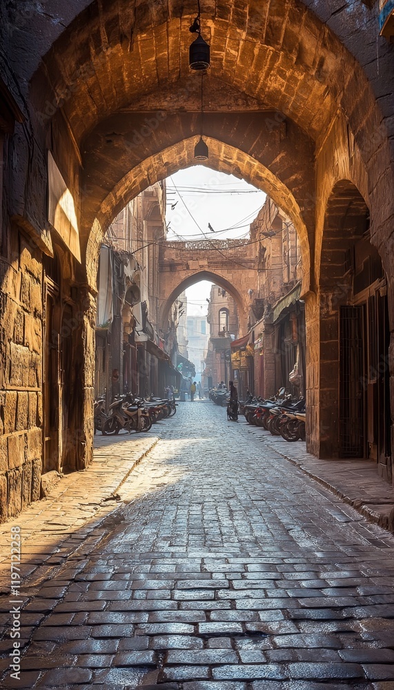 Ancient Charm Sunlight Illuminates Empty Street in Historic Khan el Khalili Market, Cairo, Egypt Ancient Charm Sunlight Illuminates Empty Street in Historic Khan el Khalili Market, Cairo, Egypt