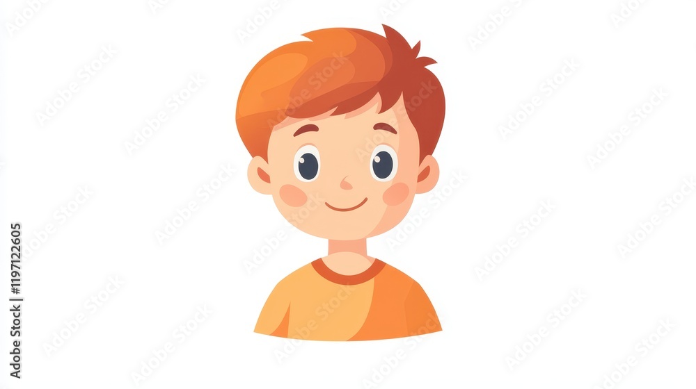 Bright flat vector graphic icon of a cheerful kid with orange hair, smiling against a plain white background, suitable for educational materials and children's products Bright flat vector graphic icon of a cheerful kid with orange hair, smiling against a plain white background, suitable for educational materials and children's products