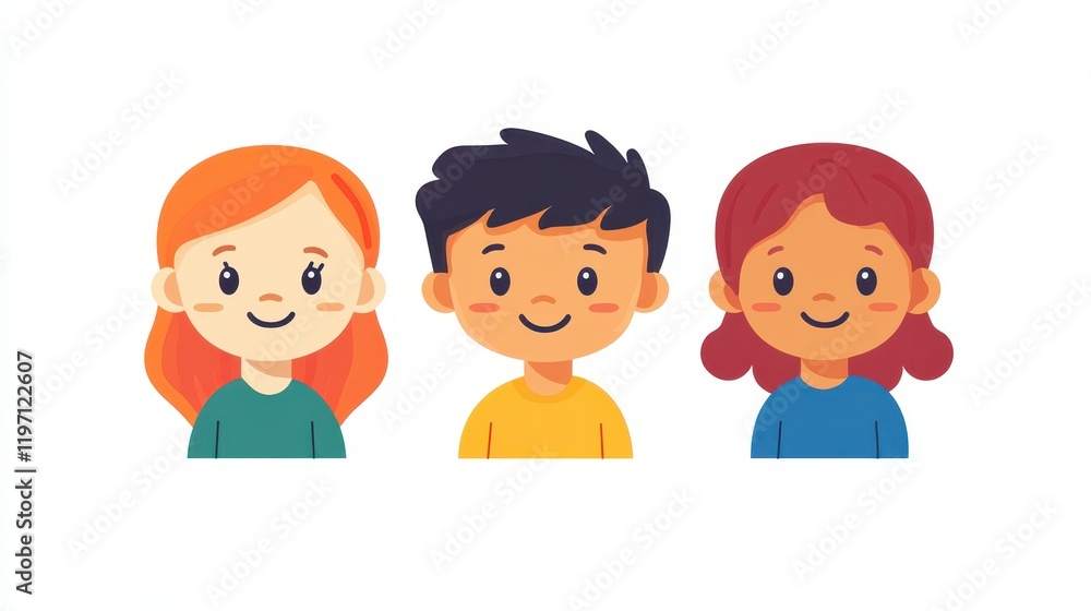 Kids smiling together in a cheerful vector graphic illustration on a clean white background showcasing diverse hairstyles and friendly expressions Kids smiling together in a cheerful vector graphic illustration on a clean white background showcasing diverse hairstyles and friendly expressions