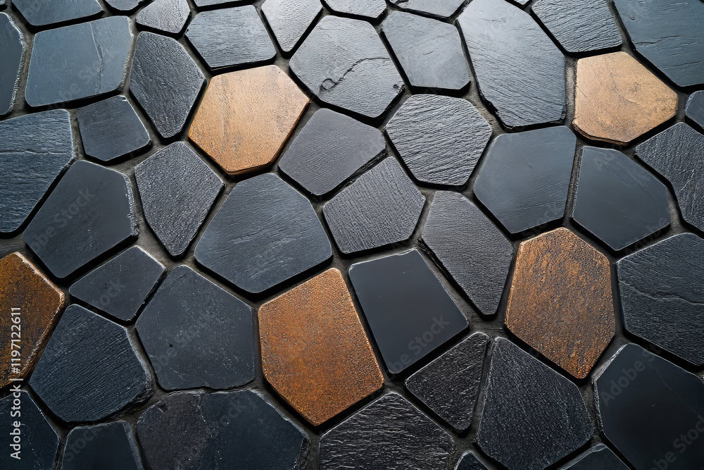 The surface features a mosaic of interlocking stones in varying shapes, with dark hues and occasional warm tones creating a striking pattern The surface features a mosaic of interlocking stones in varying shapes, with dark hues and occasional warm tones creating a striking pattern
