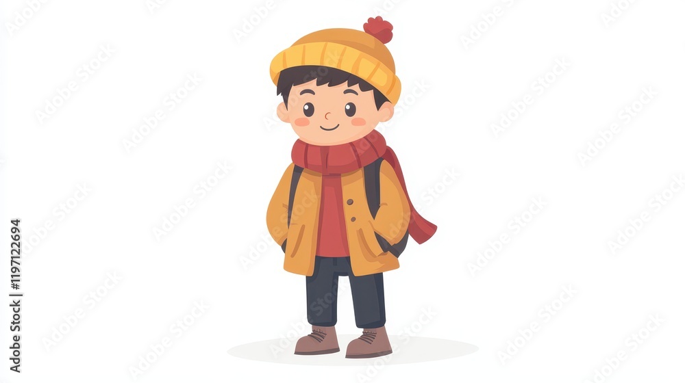 Cheerful kid in winter attire standing confidently on a white background, showcasing a bright yellow hat and warm scarf, ready for outdoor adventures in a cold environment Cheerful kid in winter attire standing confidently on a white background, showcasing a bright yellow hat and warm scarf, ready for outdoor adventures in a cold environment
