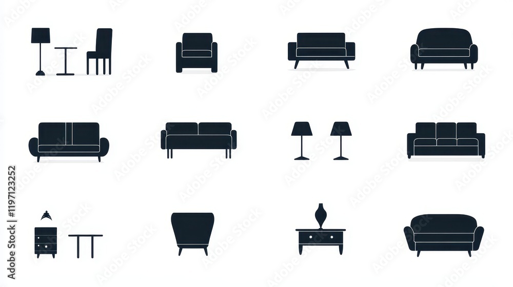 Explore an array of furniture pictograms that highlight a diverse selection of seating and lighting choices, all designed to enhance contemporary interiors Explore an array of furniture pictograms that highlight a diverse selection of seating and lighting choices, all designed to enhance contemporary interiors