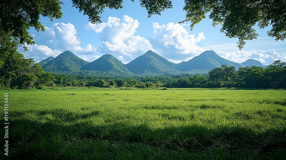 Fototapeta premium Lush green field, mountains backdrop, sunny day, nature scene, travel poster