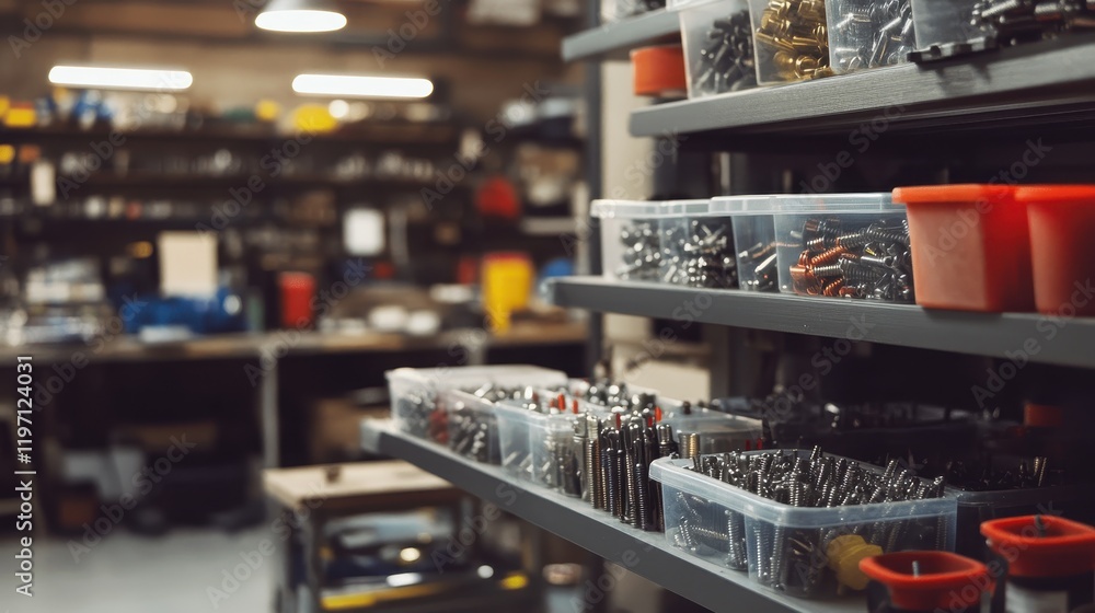 Organized Workshop with Tools and Equipment on Shelves Organized Workshop with Tools and Equipment on Shelves