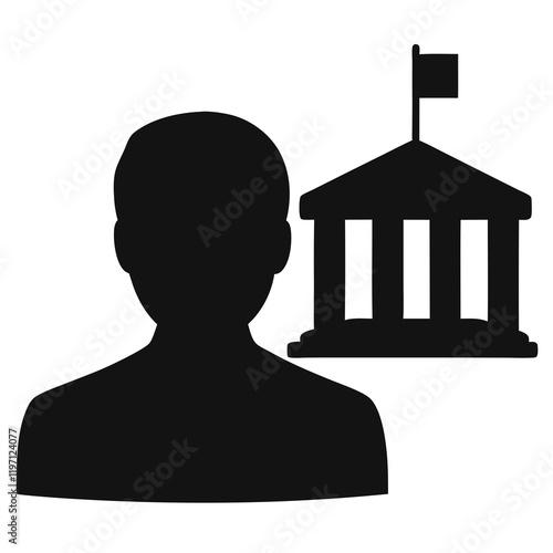 A man is standing in front of a building with a flag on top. The building is a courthouse