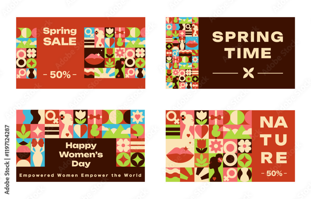 Fototapeta premium Set of Happy Women Day Cards with Geometric Pattern, Text Sale, Spring time symbols