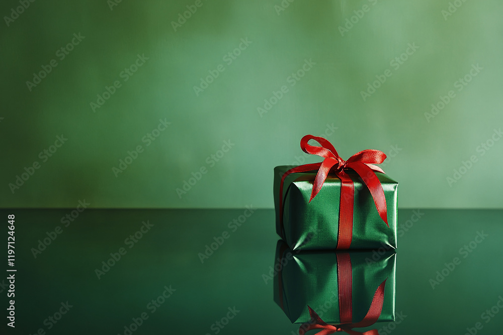 Green gift box with red ribbon on reflective surface and green background Green gift box with red ribbon on reflective surface and green background