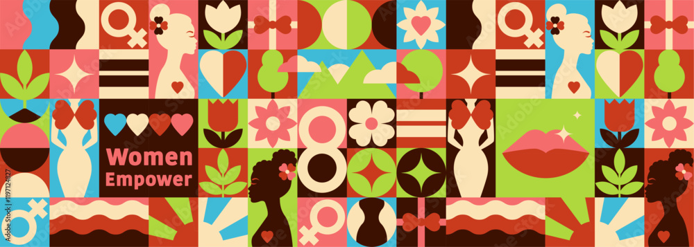 Happy Women Day Pattern in a Geometric style, with text, Nature Strength and Feminine Symbols Happy Women Day Pattern in a Geometric style, with text, Nature Strength and Feminine Symbols