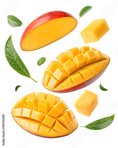 slices mango with leaves isolated on transparent background