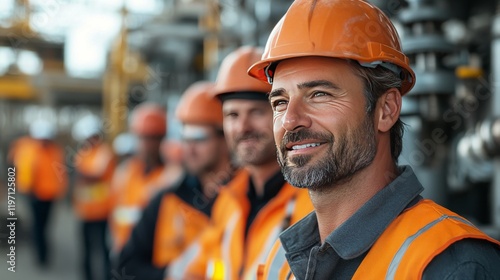 Confident male construction worker smiling, team in background.