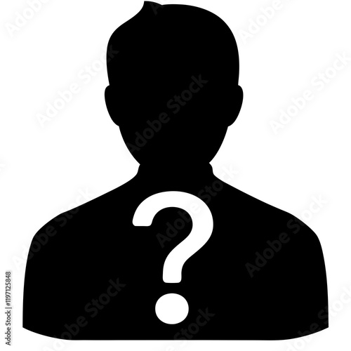 A man's head is shown with a question mark. The man is wearing a black shirt. The man's head is the only part of the man that is visible