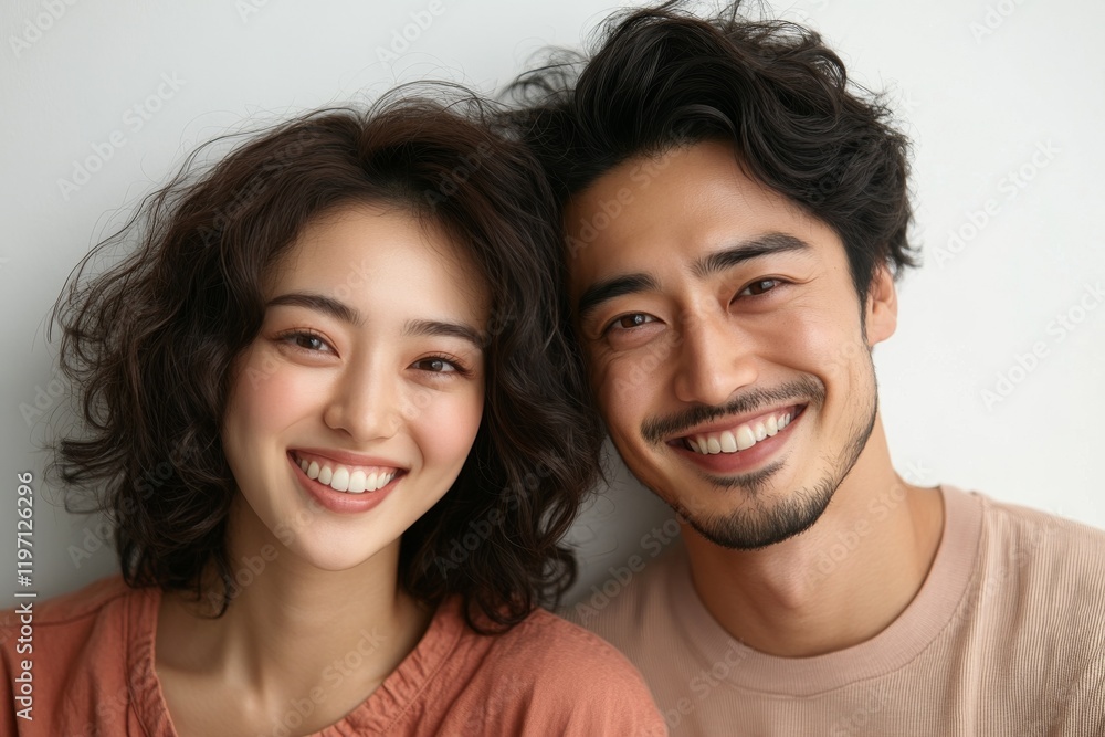 Smiling couple poses together with warmth and joy against a soft backdrop Smiling couple poses together with warmth and joy against a soft backdrop