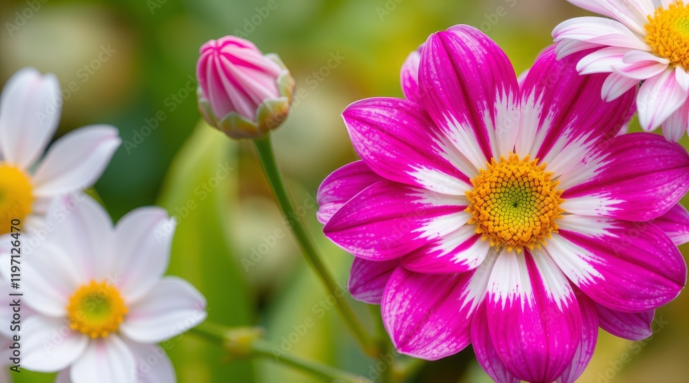 Bright pink and white flowers with a soft green background Bright pink and white flowers with a soft green background