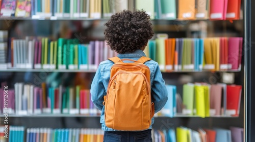 A child stands in front of a vibrant display of colorful stationery in a store.