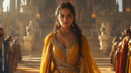 Queen Esther standing confidently in front of King Xerxes' throne, her elaborate gown with embroidered patterns and golden accents glowing under warm ambient palace lighting