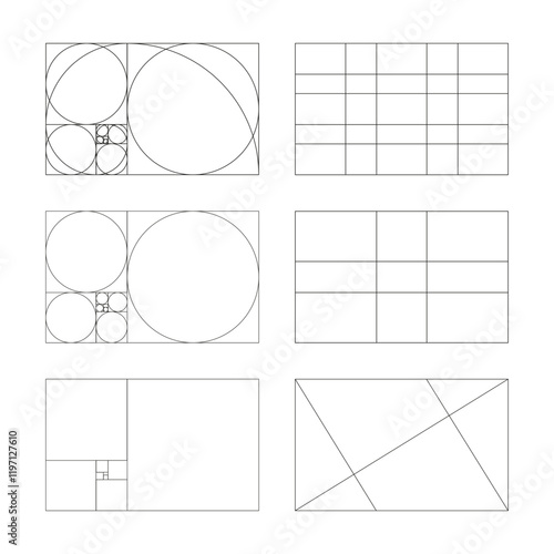 Golden ratio mockup. Method golden section frames. Fibonacci array, numbers. Set of harmony proportions layouts. Outline graphic illustration.