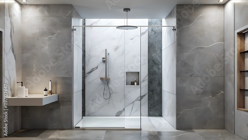 Minimalist interior design of modern walk shower are simplicity with marble wall