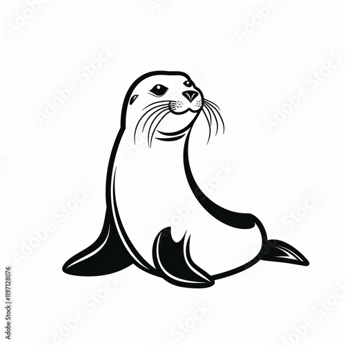 Cute Seal Vector Logo in Black and White Outline Design photo