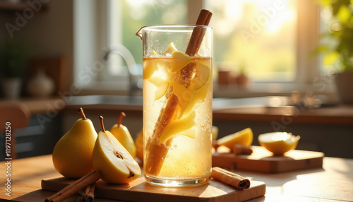 Water infused with pear and cinnamon in a glass decanter on a wooden board on the table. Blurred kitchen background. Detox drink. photo