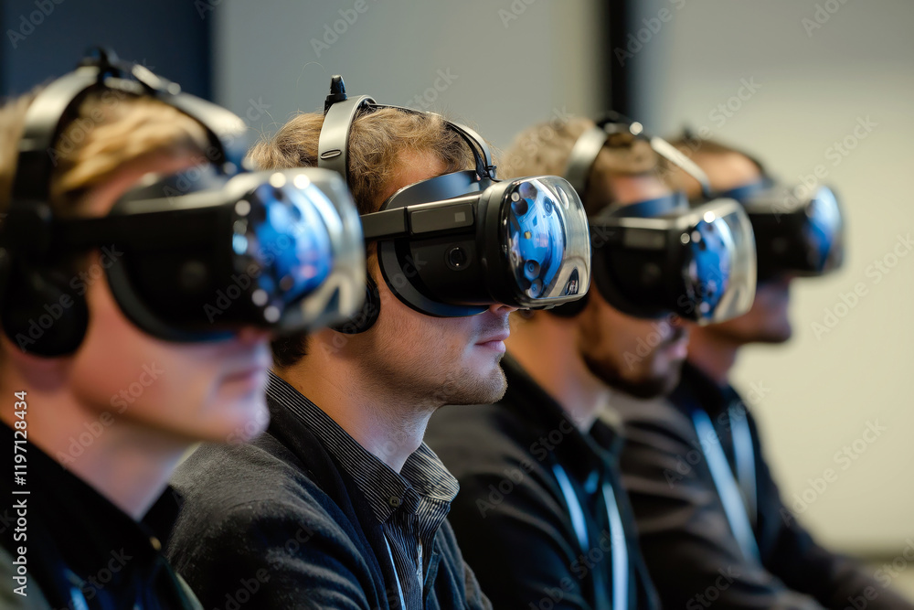 Team of professionals using virtual reality headsets during a cutting-edge corporate training session, innovative atmosphere. Team of professionals using virtual reality headsets during a cutting-edge corporate training session, innovative atmosphere.