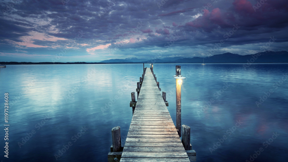 Obraz premium long wooden pier with lantern lamps in the morning, spring morning on a calm lake