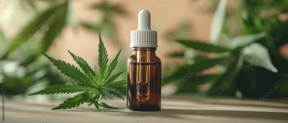 A close-up image of a dropper bottle of cannabis oil the bottle is made of dark brown glass and has a white dropper cap the bottle is sitting on a wooden table next to the bottle is a cannabis plant