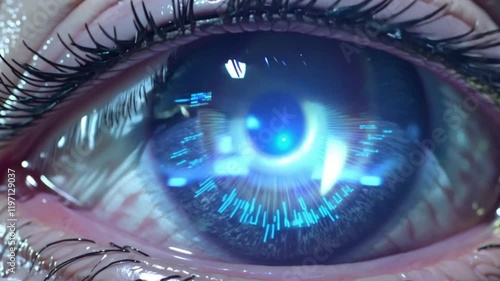 Extreme Close-up of Human Eye with Cybernetic Iris and Digital Code Reflection in High-Tech Biometric Scanning for Cyber Security Theme.