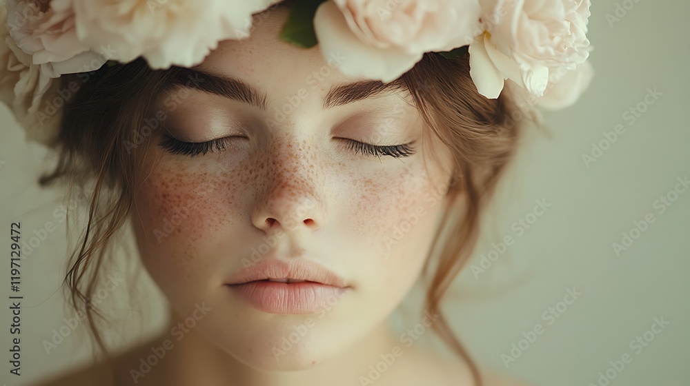 Naklejka premium Close-Up Portrait of a Young Woman with Vibrant Floral Crown